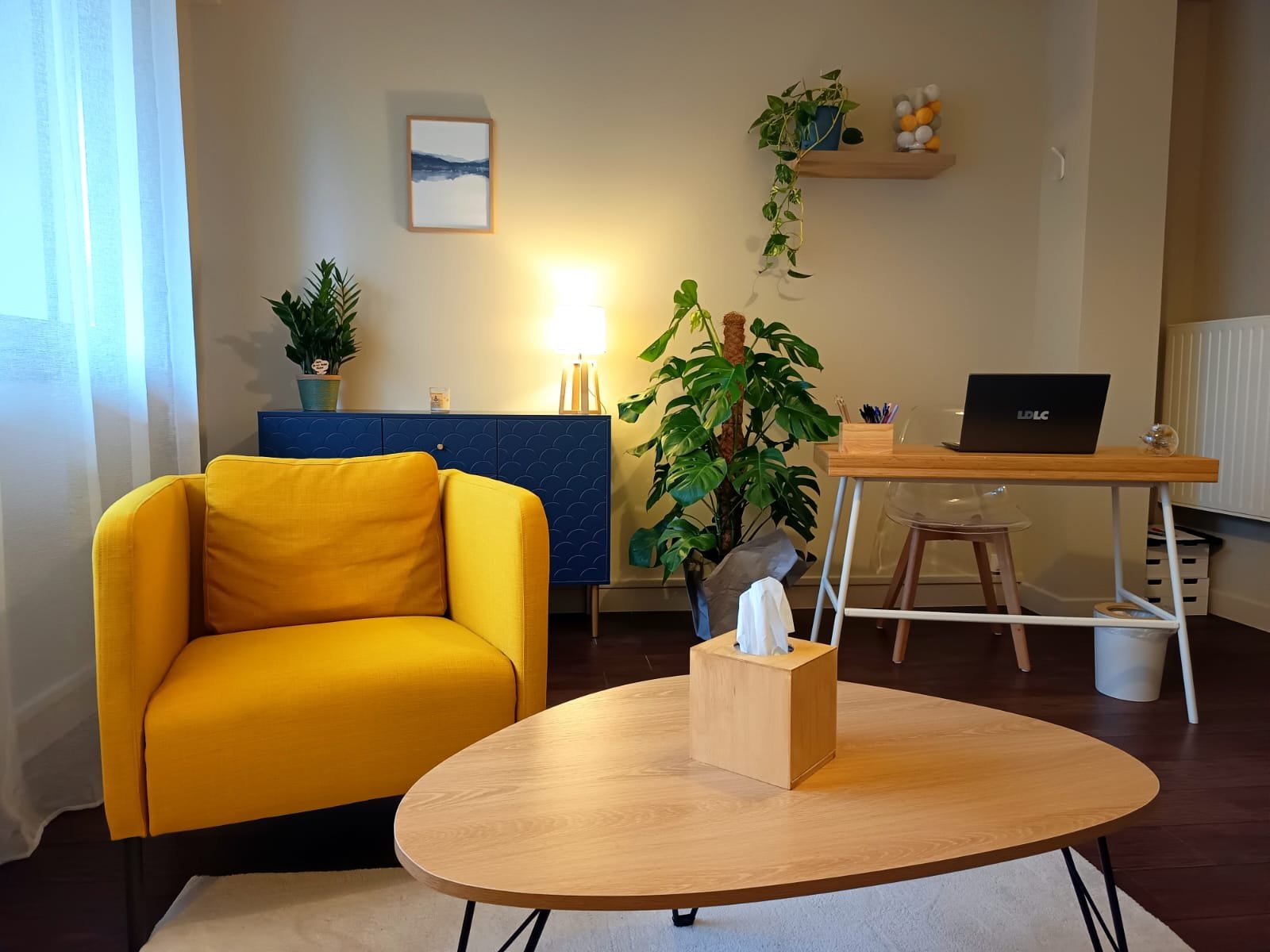 Espace de consultation cocooning avec plantes et bureau